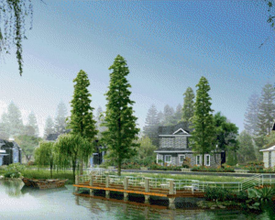 дом у воды - дом, вода, забор - предпросмотр