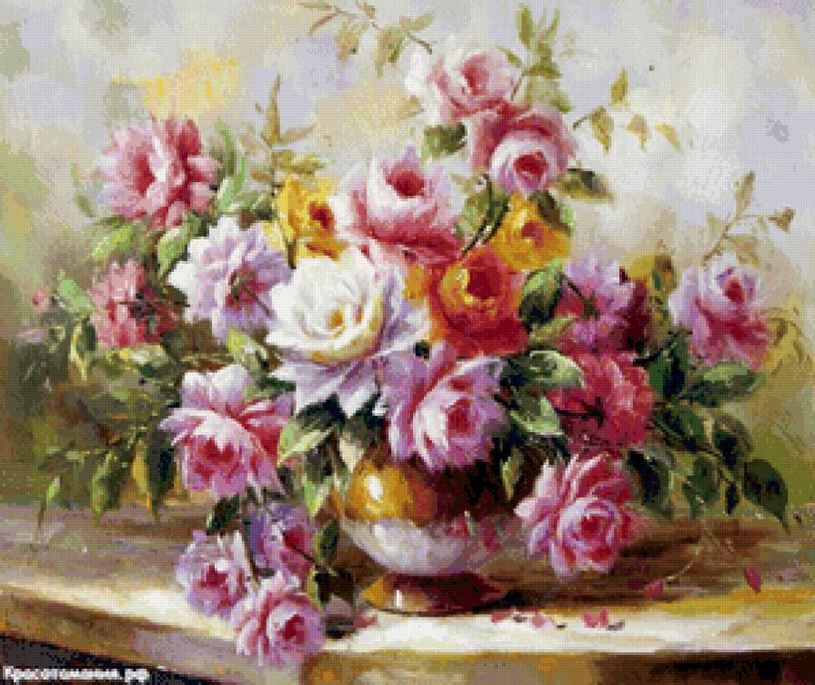 букет роз в вазе - цветы, ваза, живопись, горшок, натюрморт, букет, розы - предпросмотр