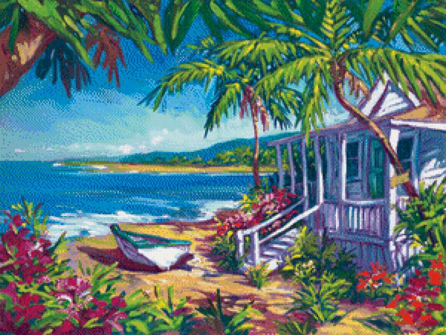 хижинка - пейзаж, экзотика, лодки, домик, море, океан, картина, природа, дом - предпросмотр