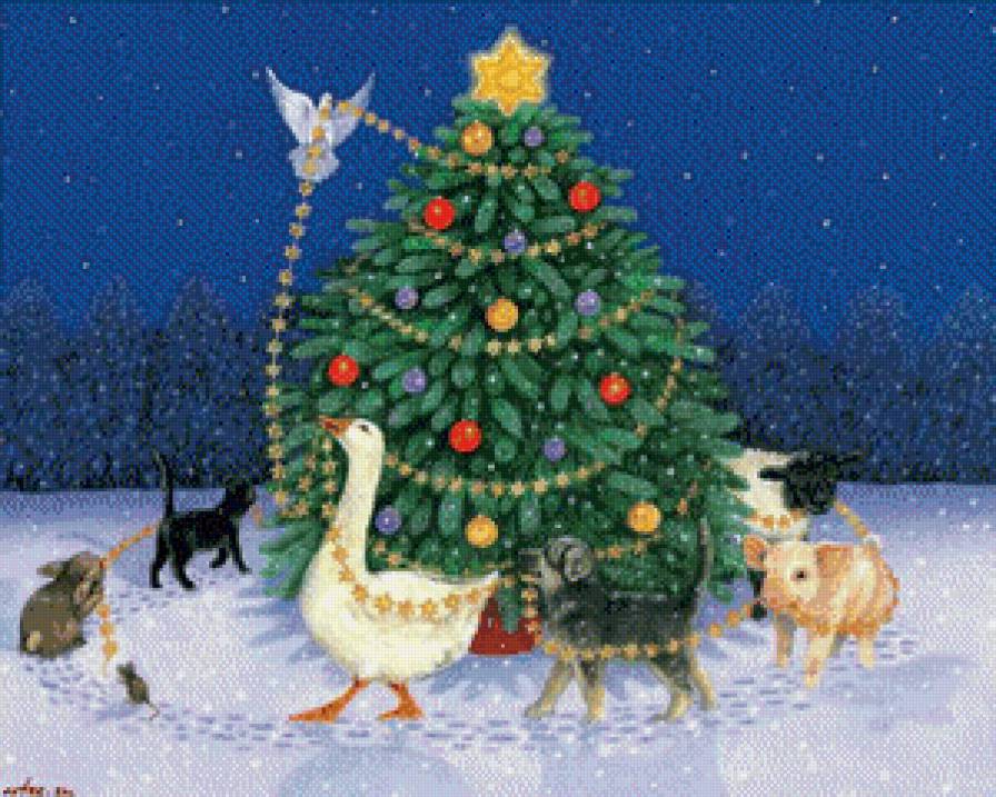 домашние животные - рождество, новый год, животные, хрюшки, хоровод, птицы, елка, собаки - предпросмотр