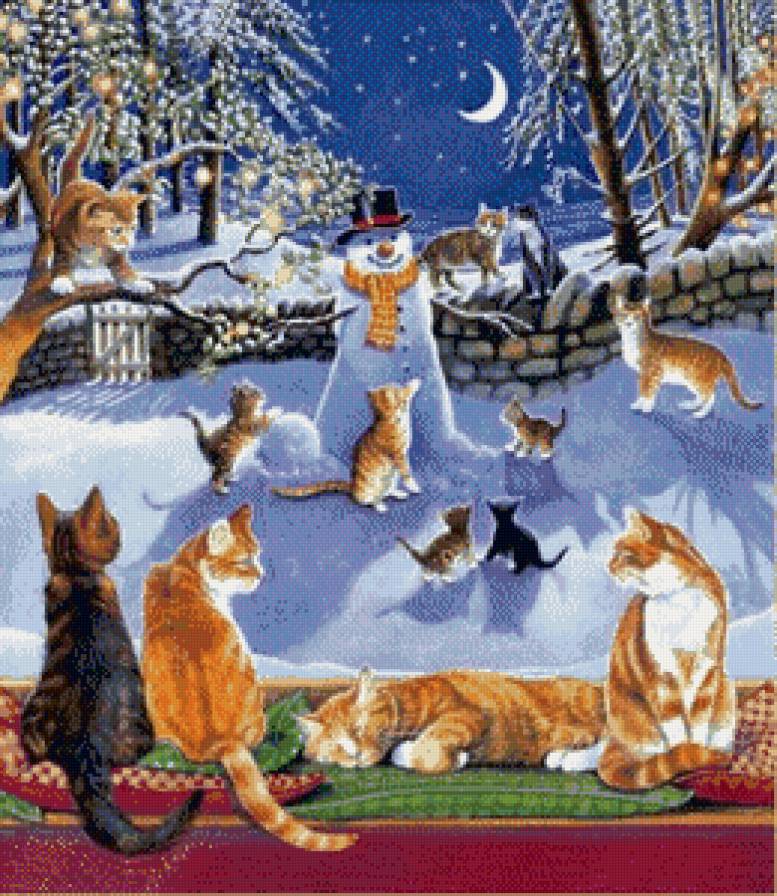 котики - кошка, коты, зима, котик, кошки, котята, животные, снеговик, снег - предпросмотр