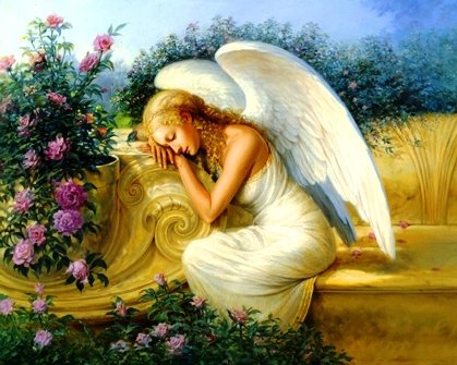 Serenity's Garden - картина, цветы, ангел, пейзаж - оригинал