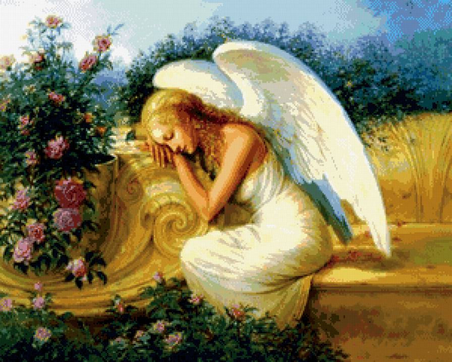 Serenity's Garden - пейзаж, цветы, картина, ангел - предпросмотр