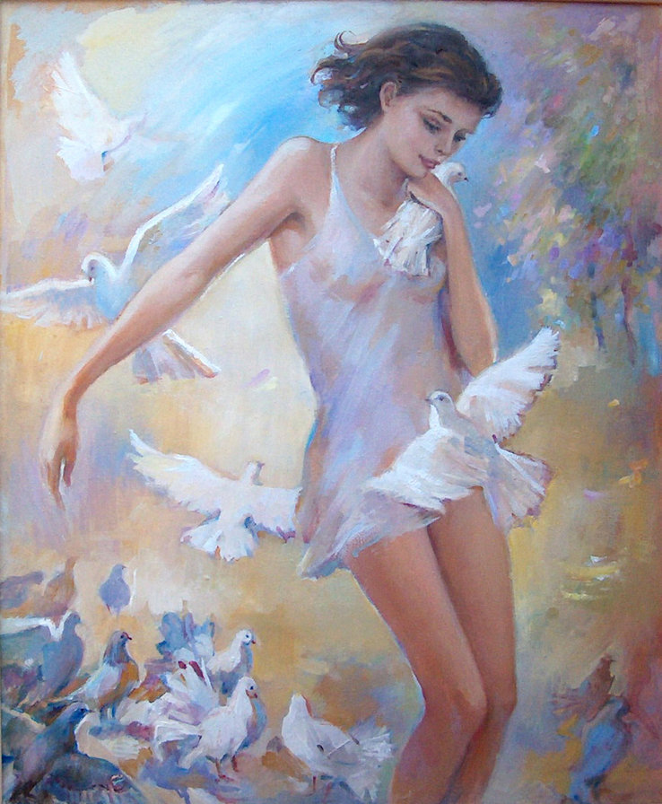 девушка с голубями - девушка, нежность, голуби, птицы, женщина, красота, живопись - оригинал