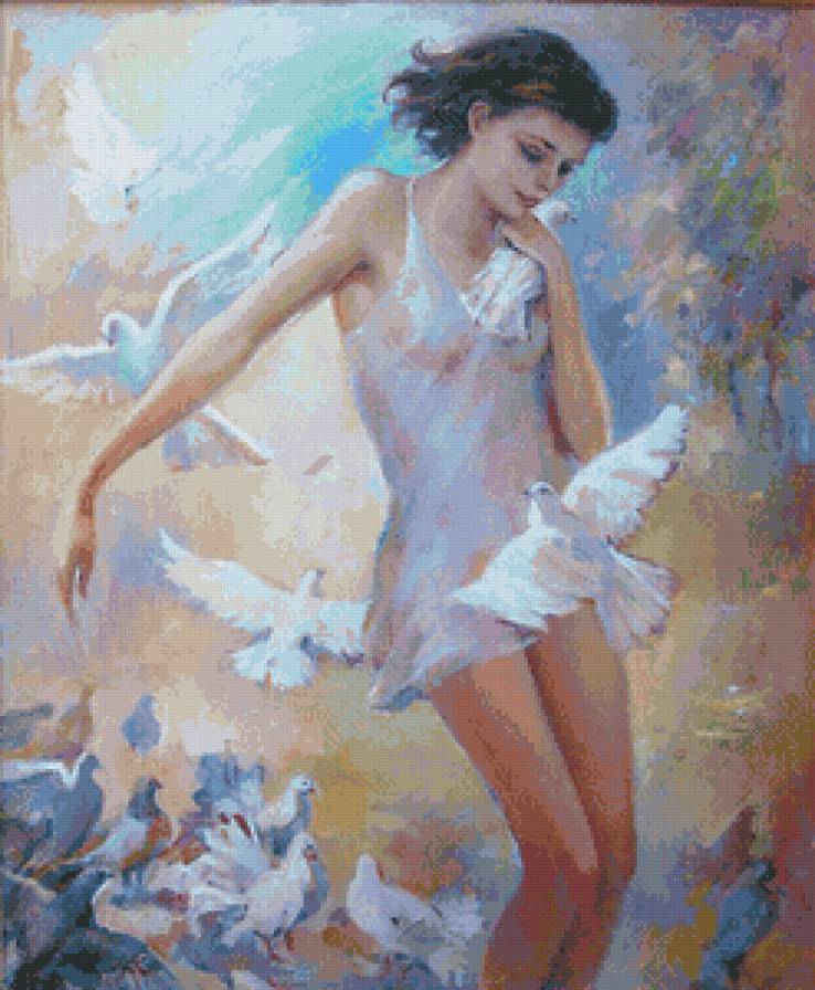 девушка с голубями - птицы, голуби, женщина, нежность, девушка, красота, живопись - предпросмотр