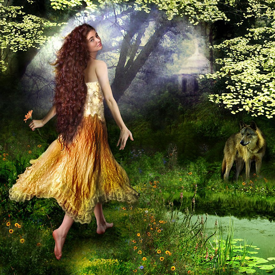 №843289 - девушка, волк - оригинал