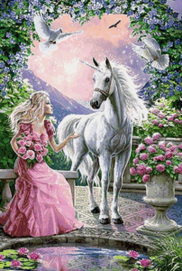 Красота - девушка, фентези, сказка, принцесса, единороги, лошади - предпросмотр