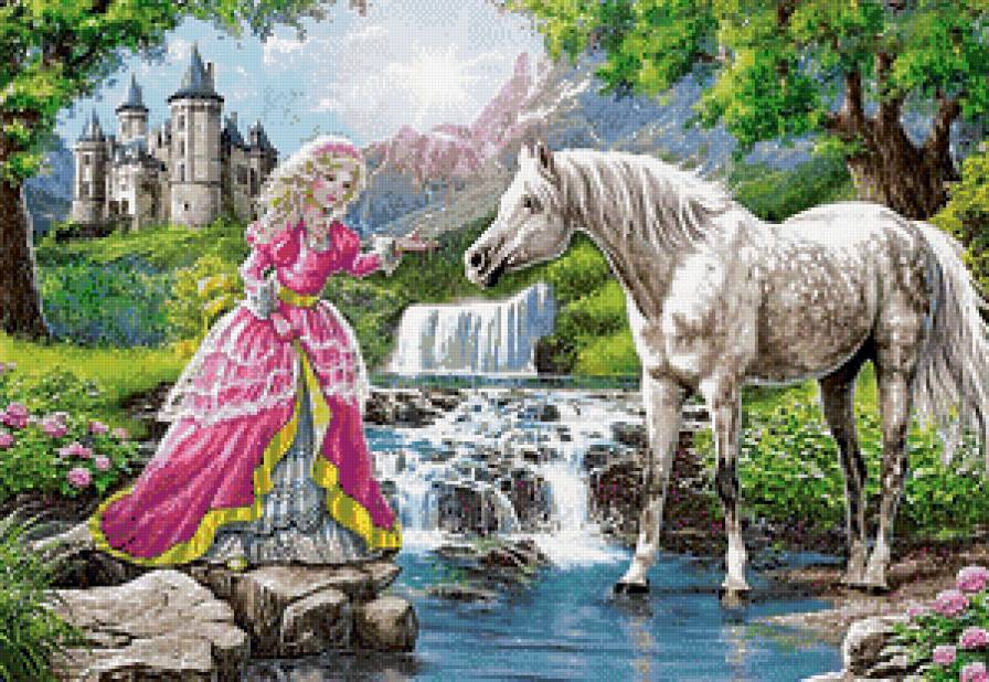 Сказка - девушка, природа, принцесса, лошадка, лошадь, замок, лошади - предпросмотр