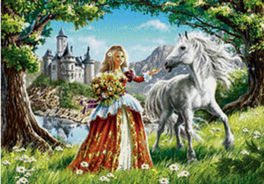 принцесса - девушка, принцесса, замок, природа, сказка, лошади, лошадка, лошадь - предпросмотр