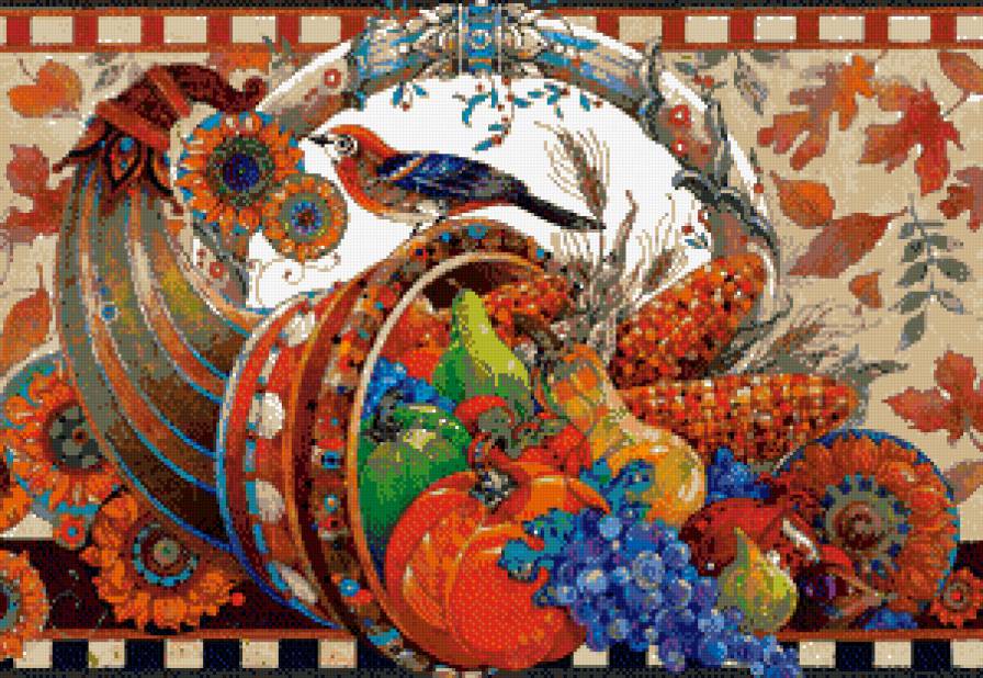 рог изобилия - груша, натюрморт, фрукты, виноград, тыква, овощи - предпросмотр