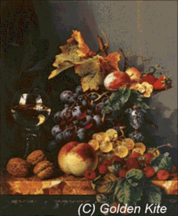 Нотюрморт Golden Kite - вино, фрукты, виноград - предпросмотр