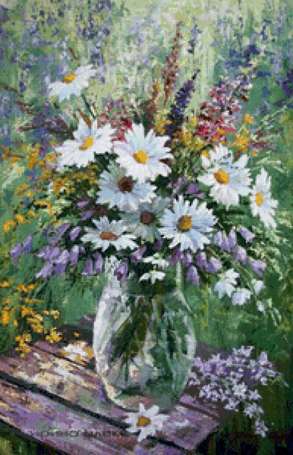 букет полевых цветов в вазе - ваза, живопись, акварель, цветы, букет, пейзаж, природа - предпросмотр