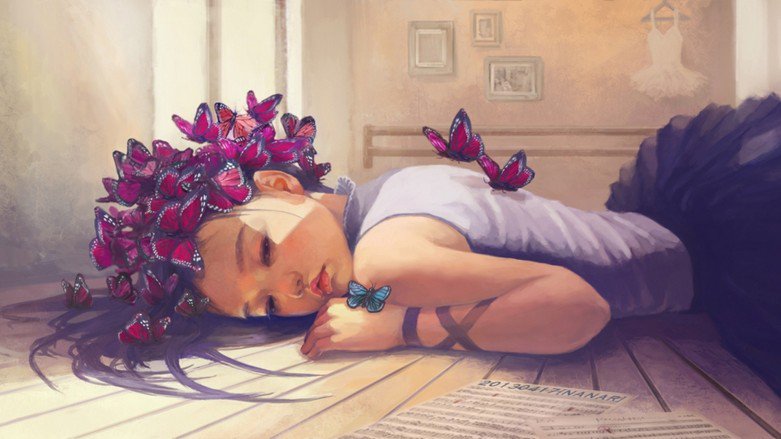Устала - девочка, бабочки, люди - оригинал