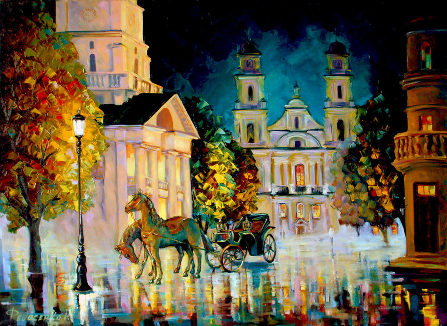 городской пейзаж ночью - город, пейзаж, карета, лето, живопись, вечер, акварель - оригинал