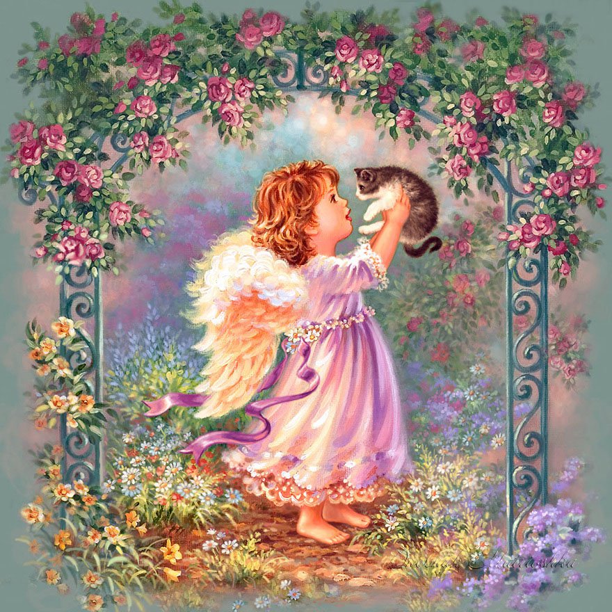 ангелочек с котёнком - девочки, крылья, детское, дети, ангелочки, ангел, добро, ангелы - оригинал