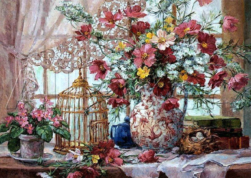 №847092 - окно, ваза, цветы, натюрморт, клетка, букет - оригинал