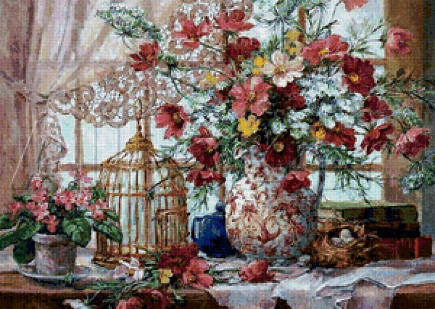№847092 - букет, цветы, клетка, ваза, окно, натюрморт - предпросмотр