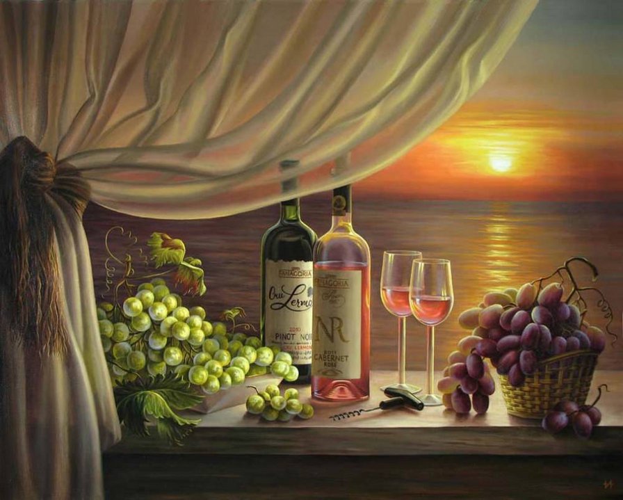 Натюрморт - вид из окна, вино, фрукты, натюрморт, на кухню - оригинал