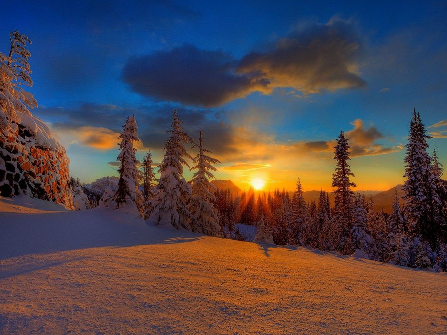 закат - ліс, зима, гори, природа - оригинал