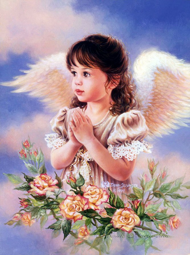 молитва - цветы, крылья, ребенок, молитва, ангел, небо - оригинал