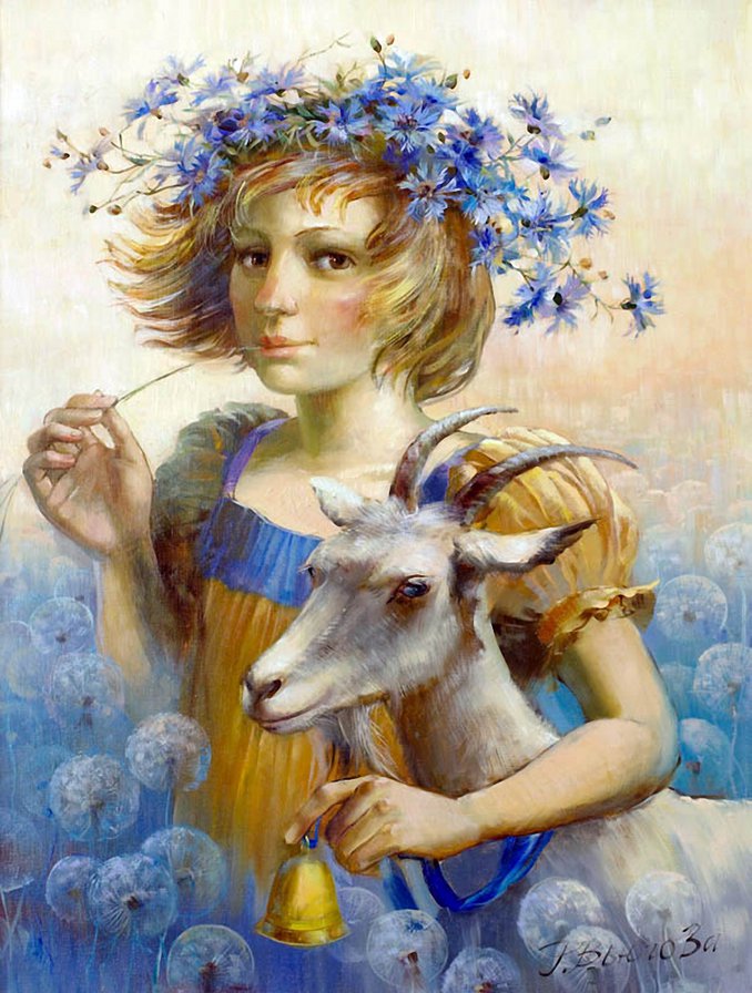 девочка с козой - поле, коза, живопись, васильки, цветы, животное, девочка - оригинал