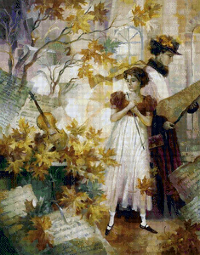 музыкальная фантазия - музыка, живопись, ноты, скрипка, девушка, осень - предпросмотр