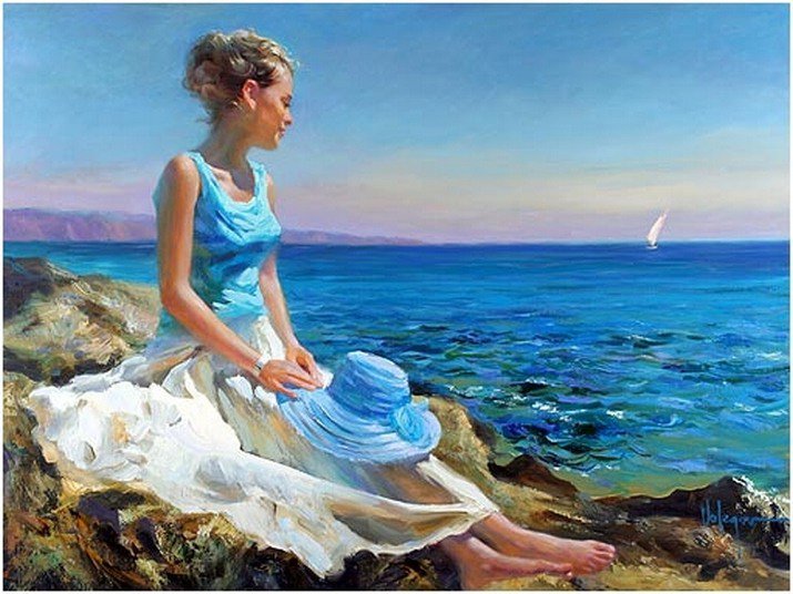 у моря - волна, женщина, море, небо, ветер - оригинал