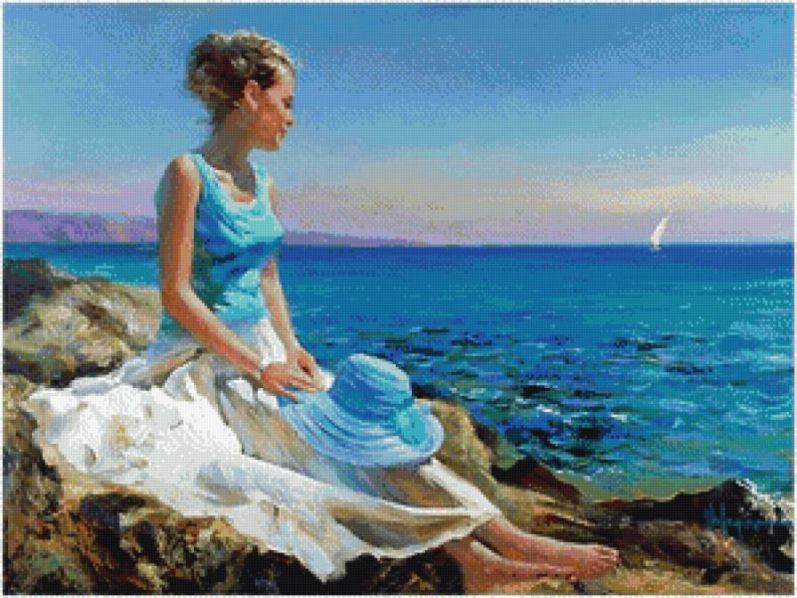 у моря - волна, небо, женщина, море, ветер - предпросмотр