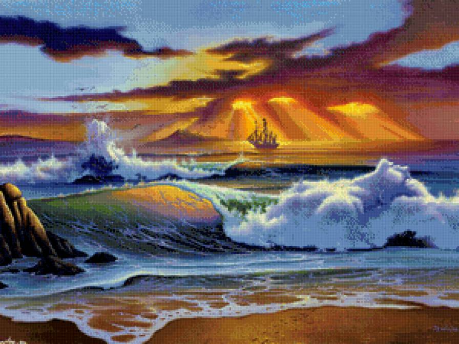 морской закат - живопись, облака, небо, волны, корабль, закат, прибой, море - предпросмотр