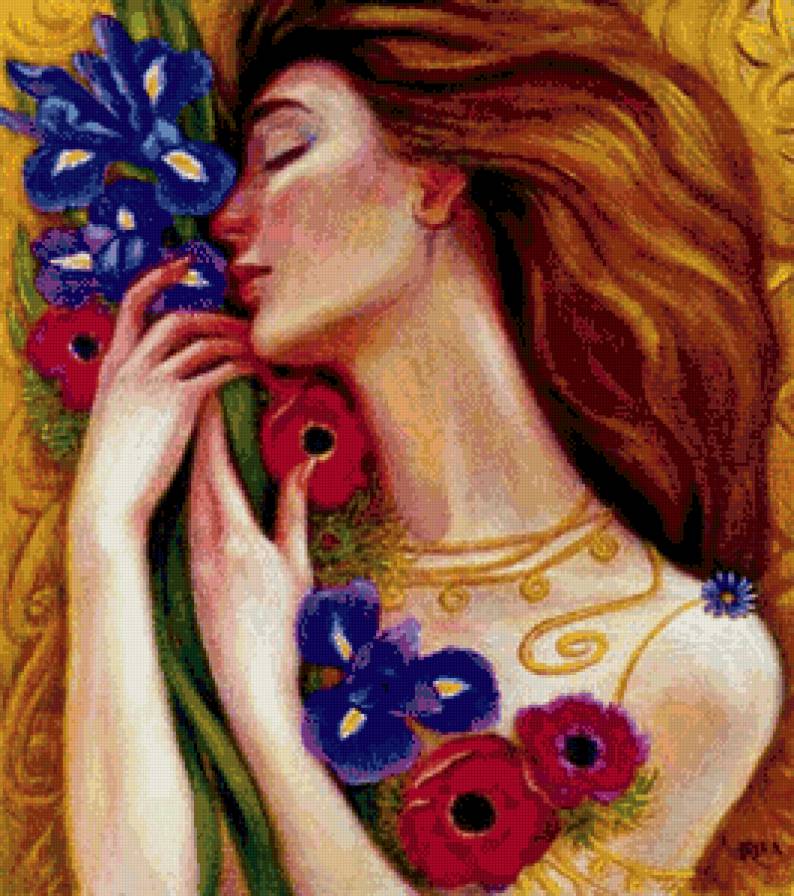 девушка с цветами - маки, женщина, цветы, образ, арт, красота, девушка, рыжая, ирисы - предпросмотр