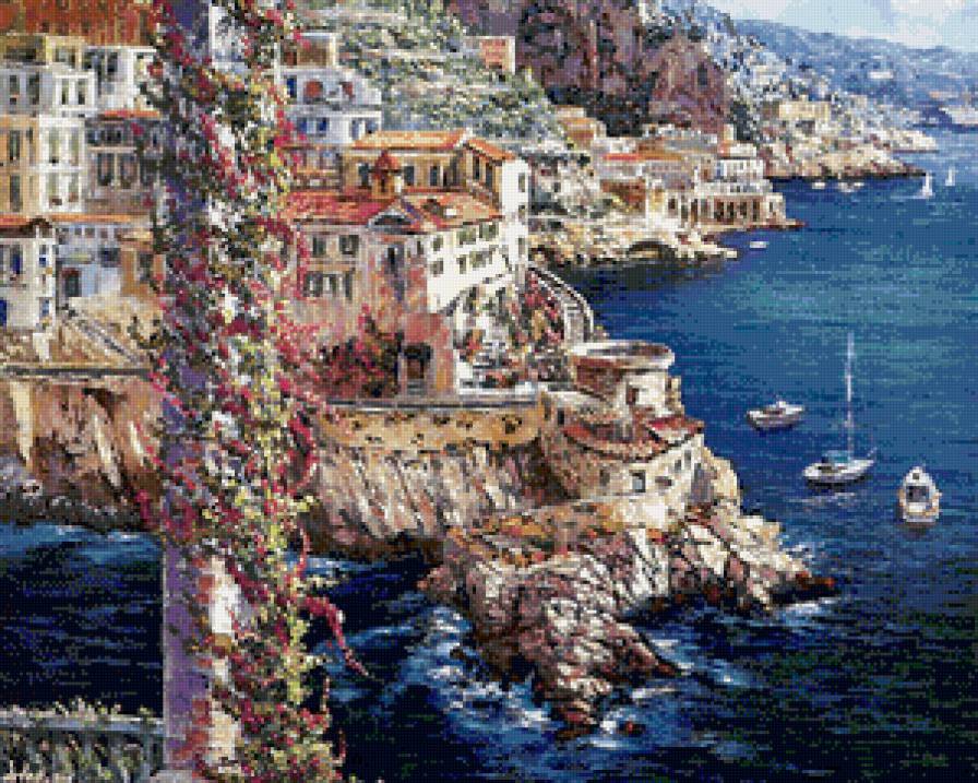 приморский городок - горы, бухта, пейзаж, море, лето, город, живопись - предпросмотр