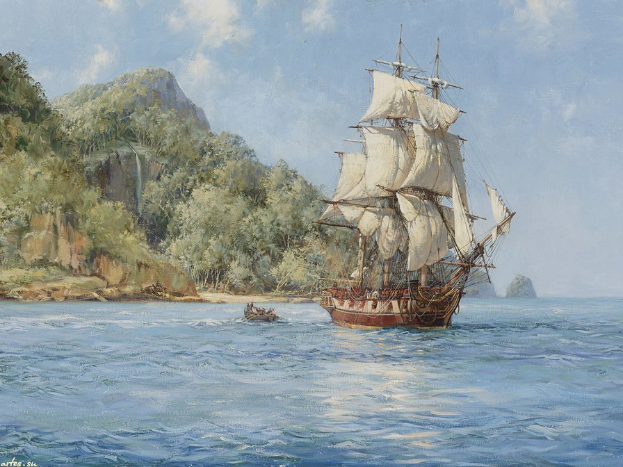 парусник - волны, море, парусник, паруса, океан, небо, чайки - оригинал