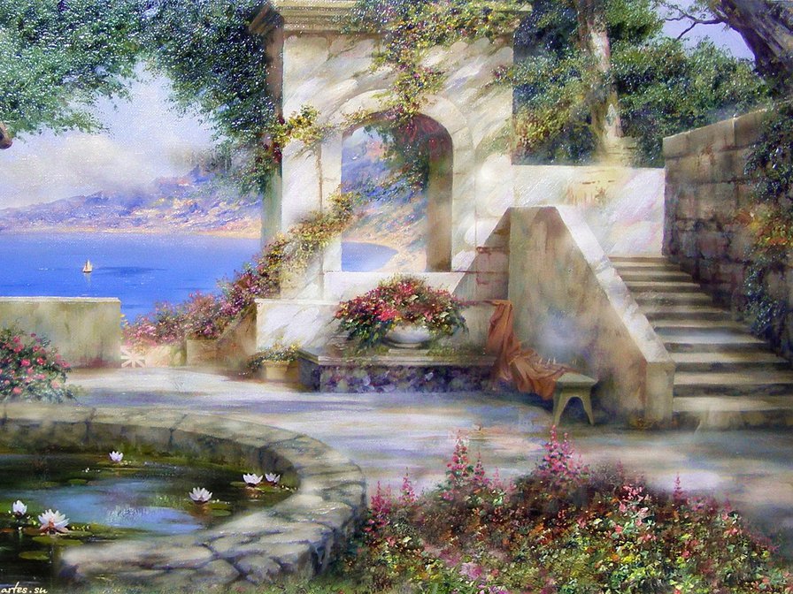 южный дворик - лето, цветы, живопись, двор, юг, пейзаж - оригинал