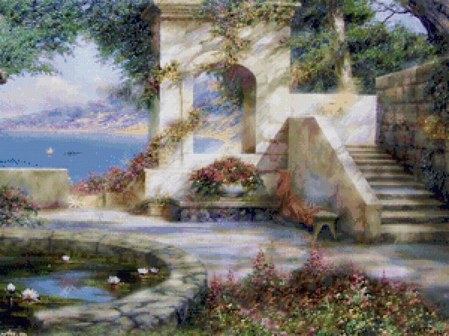 южный дворик - двор, лето, пейзаж, живопись, цветы, юг - предпросмотр