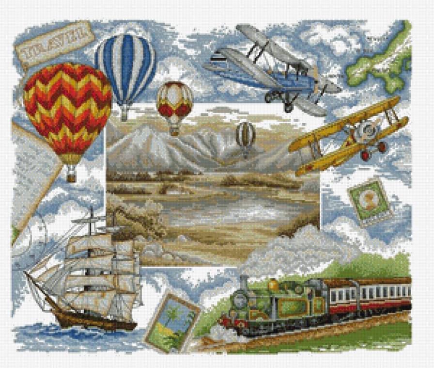 Виды транспорта - воздушный шар, поезд, корабль, самолет - предпросмотр