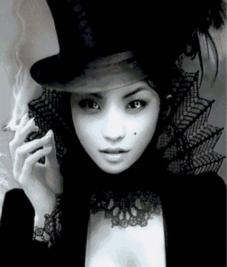 черная шляпа - монохром, девушка, черный - предпросмотр