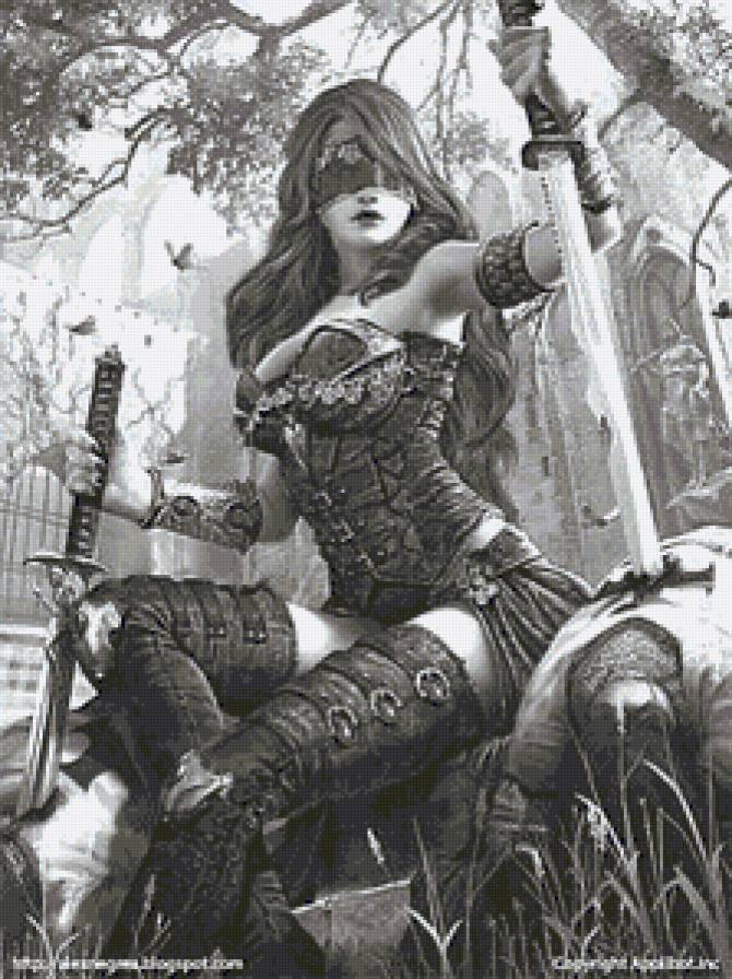 воительница - девушка, монохром, меч - предпросмотр