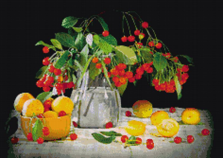 Натюрморт - вишни, абрикосы - предпросмотр