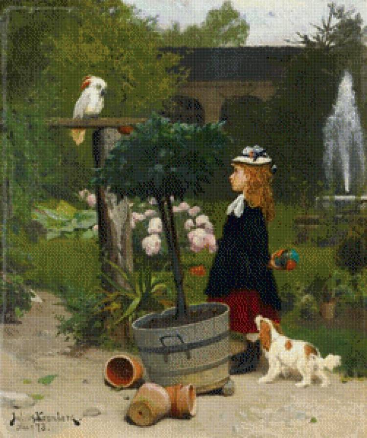 №853774 - девочка, собака, цветы, попугай, фонтан - предпросмотр