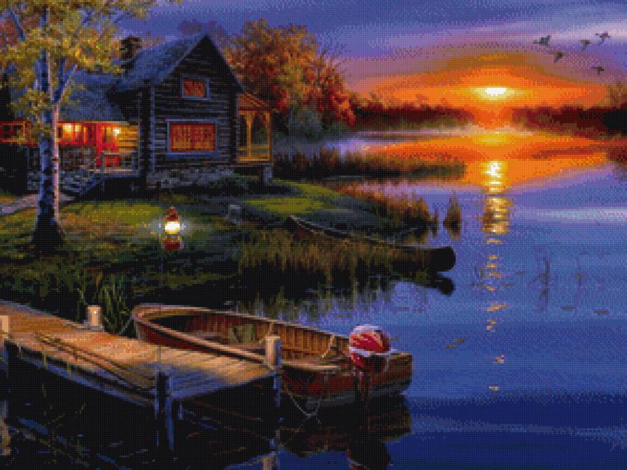 №855706 - дом, лодка, птицы, река - предпросмотр