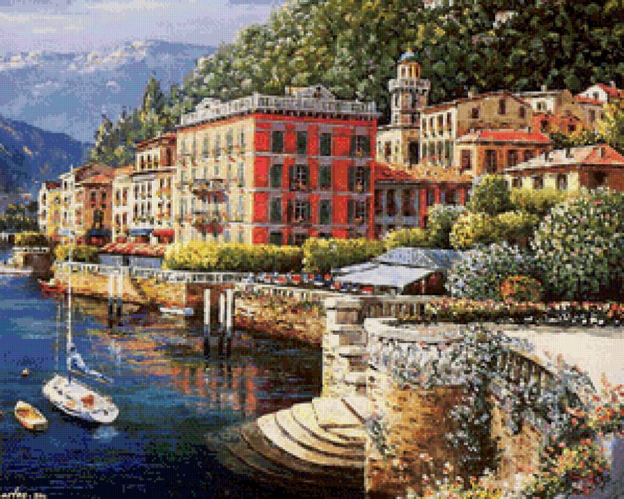 набережная - лето, горы, набережная, пейзаж, город, живопись - предпросмотр