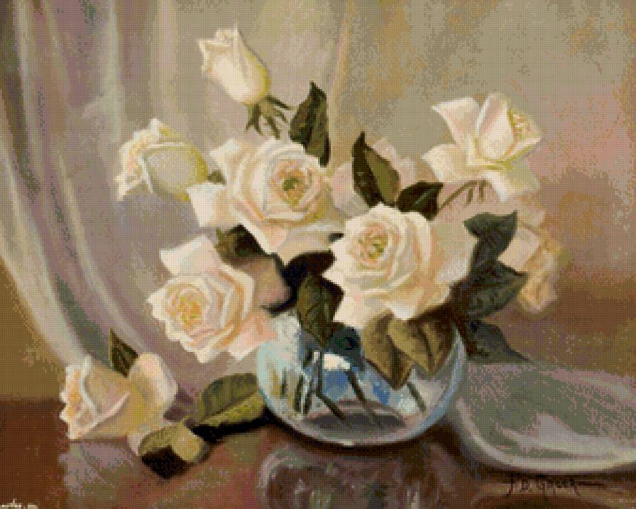 кремовые розы - живопись, розы, горшок, цветы, натюрморт, ваза, букет - предпросмотр