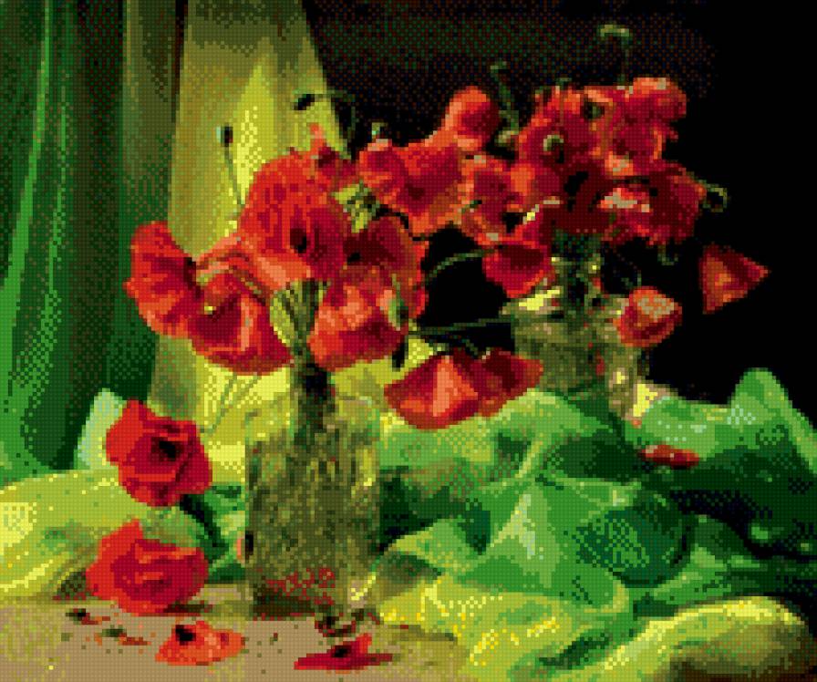 маки на фоне зеленой ткани - ткань, стекло, маки - предпросмотр