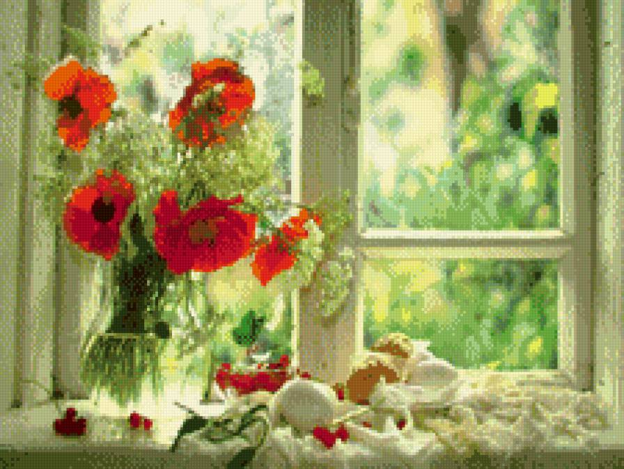 Маки на окне - окно, натюрморт, букет - предпросмотр