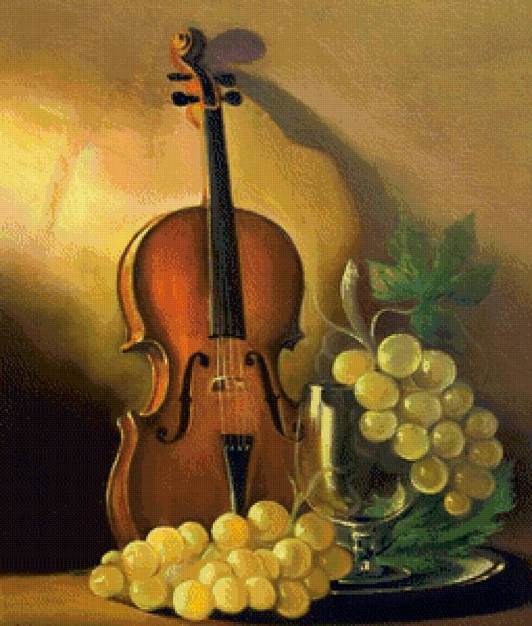 Натюрморт со скрипкой - музыка, скрипка, фрукты, натюрморт, виноград, бокал - предпросмотр