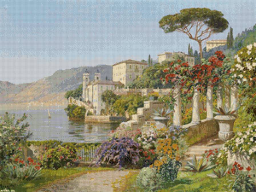 городок у моря - лето, пейзаж, жара, живопись, горы, море, природа, город, берег - предпросмотр