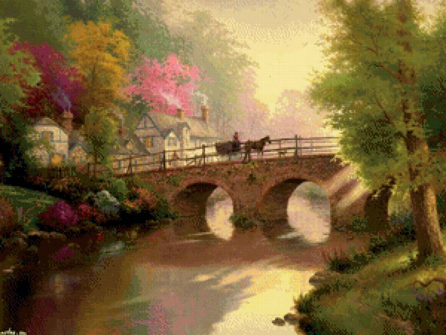 №858662 - лошадь, мост, цветы, дома, природа, люди - предпросмотр