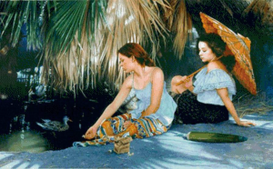 №858902 - пальмы, пруд, утки, девушки - предпросмотр