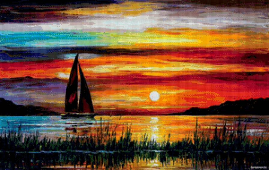 на закате - пейзаж, краски, парус, живопись, парусник, природа, вечер, закат - предпросмотр