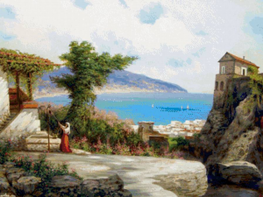 южный городок - пейзаж, дворик, природа, лето, живопись, город, юг, горы, море - предпросмотр